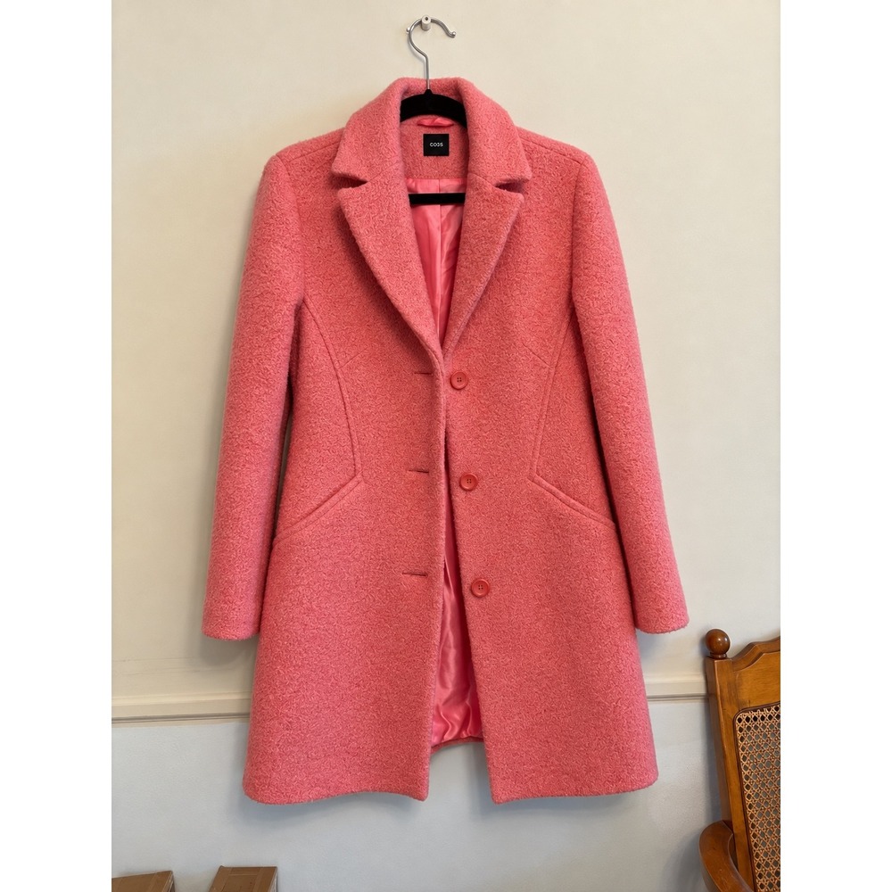 ASOS Women Pink Wool Blend Bouclé Coat Size 8 Coral Textured Mid Length Jacket